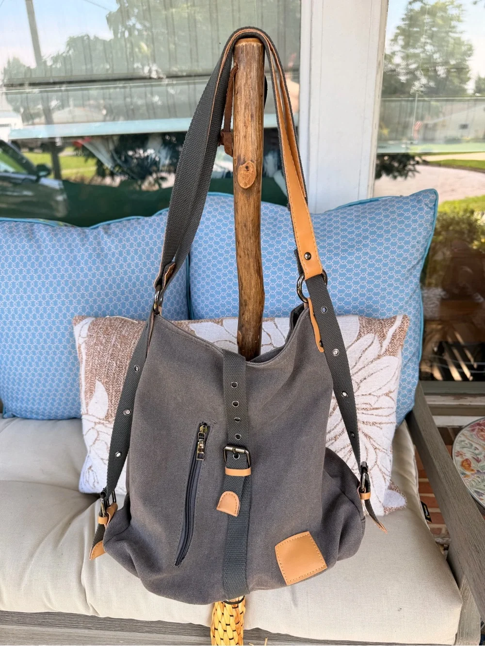 Gray Canvas Shoulder Bag with Tan faux Leather Trim - men and women Bags